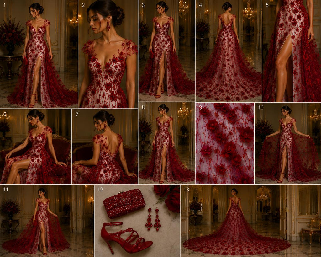 BURGUNDY - 3D Floral Satin Lace -  3D Floral Embroidered Mesh Lace with Glitter| Fabric For Quinsiañera Dresses - Prom Dress Sold By Yard