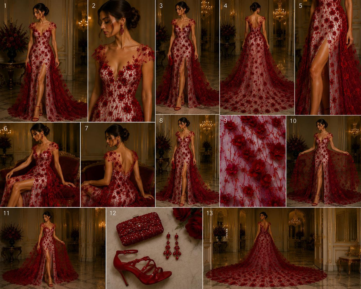 BURGUNDY - 3D Floral Satin Lace -  3D Floral Embroidered Mesh Lace with Glitter| Fabric For Quinsiañera Dresses - Prom Dress Sold By Yard