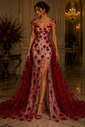 BURGUNDY - 3D Floral Satin Lace -  3D Floral Embroidered Mesh Lace with Glitter| Fabric For Quinsiañera Dresses - Prom Dress Sold By Yard