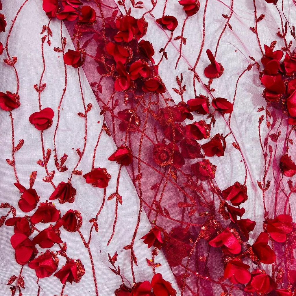 BURGUNDY - 3D Floral Satin Lace -  3D Floral Embroidered Mesh Lace with Glitter| Fabric For Quinsiañera Dresses - Prom Dress Sold By Yard