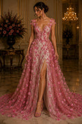 DUSTY PINK - 3D Floral Satin Lace -  3D Floral Embroidered Mesh Lace with Glitter| Fabric For Quinsiañera Dresses - Prom Dress Sold By Yard