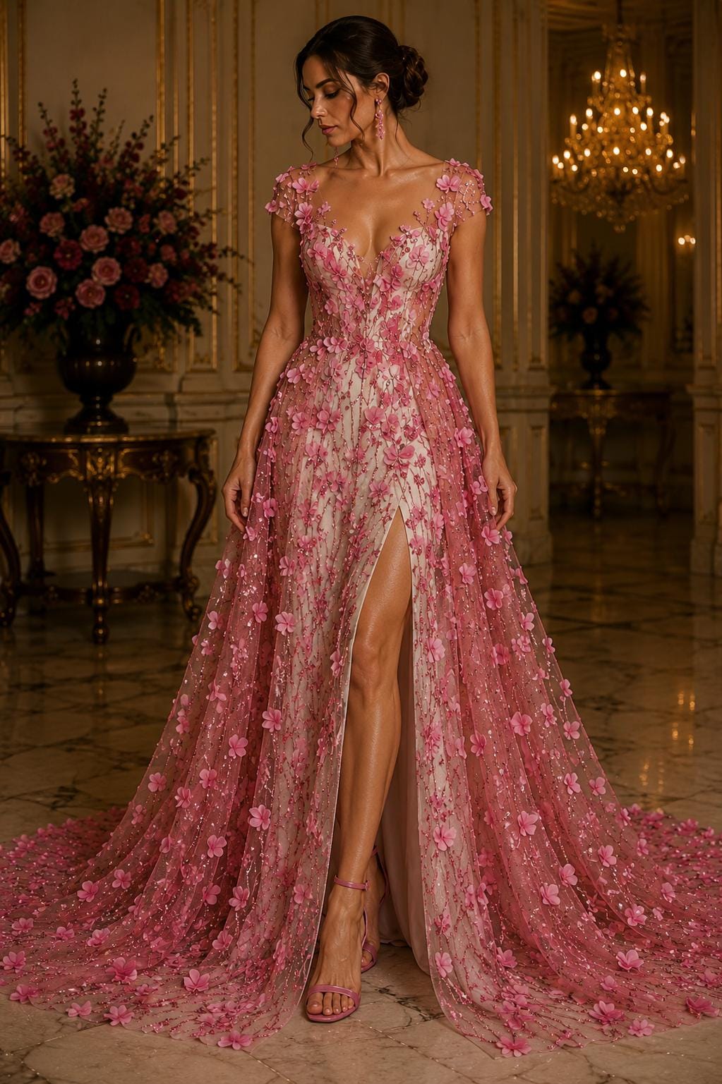 DUSTY PINK - 3D Floral Satin Lace -  3D Floral Embroidered Mesh Lace with Glitter| Fabric For Quinsiañera Dresses - Prom Dress Sold By Yard