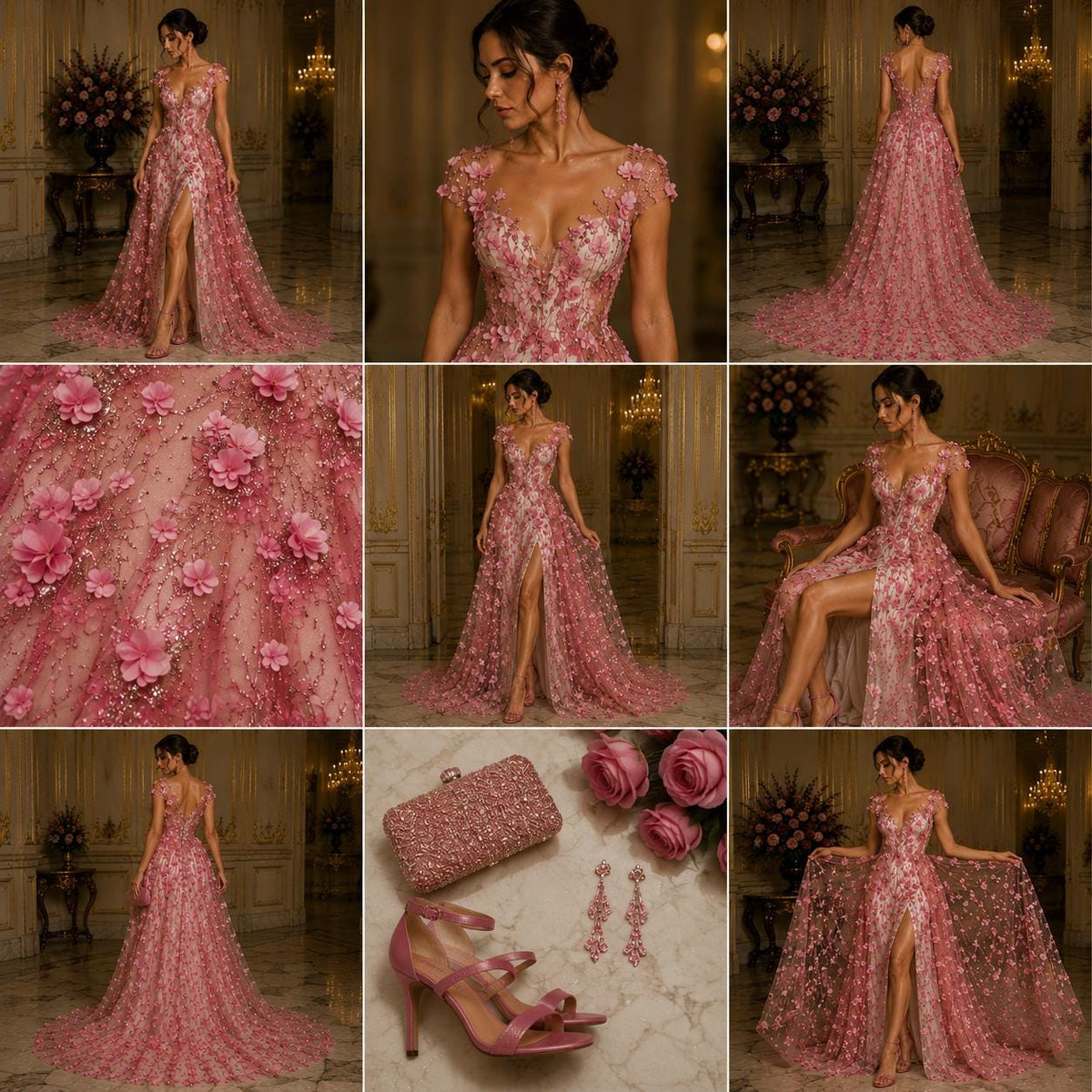 DUSTY PINK - 3D Floral Satin Lace -  3D Floral Embroidered Mesh Lace with Glitter| Fabric For Quinsiañera Dresses - Prom Dress Sold By Yard