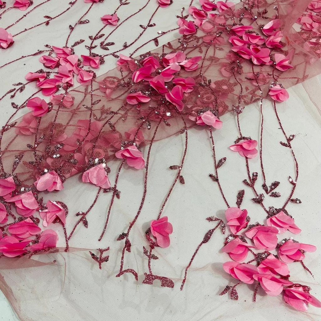 DUSTY PINK - 3D Floral Satin Lace -  3D Floral Embroidered Mesh Lace with Glitter| Fabric For Quinsiañera Dresses - Prom Dress Sold By Yard