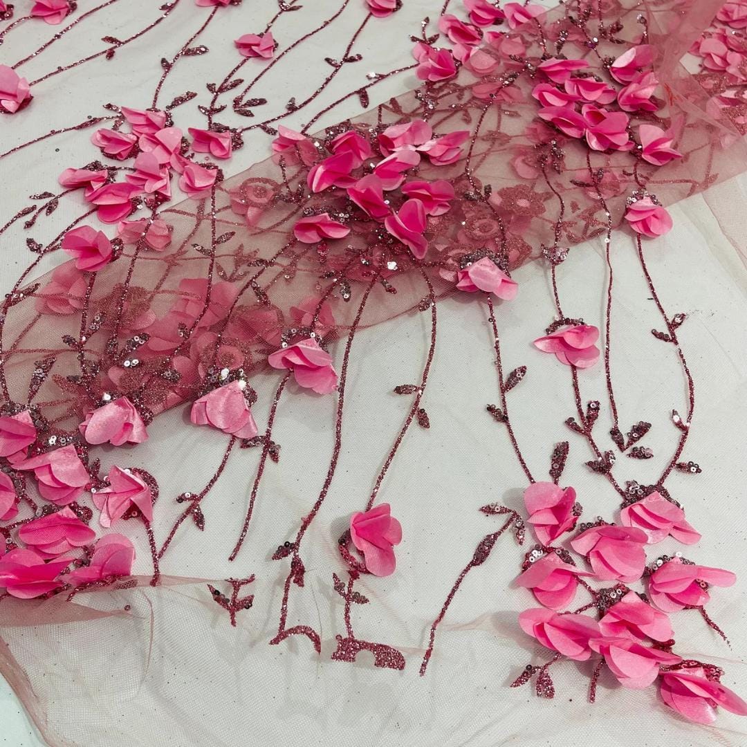 DUSTY PINK - 3D Floral Satin Lace -  3D Floral Embroidered Mesh Lace with Glitter| Fabric For Quinsiañera Dresses - Prom Dress Sold By Yard