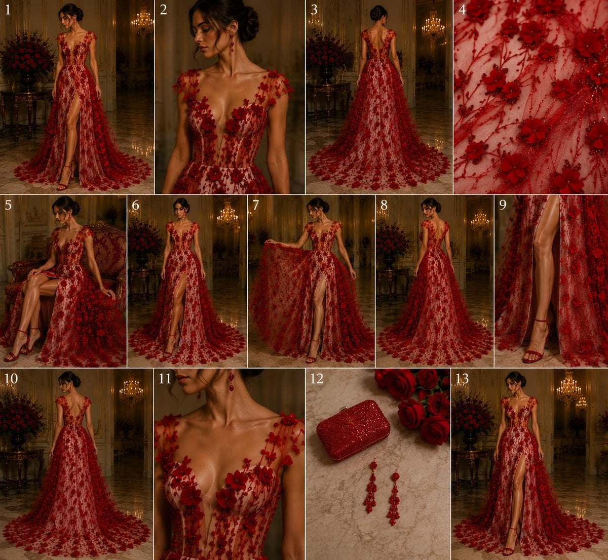 RED - 3D Floral Satin Lace -  3D Floral Embroidered Mesh Lace with Glitter| Fabric For Quinsiañera Dresses - Prom Dress Sold By Yard