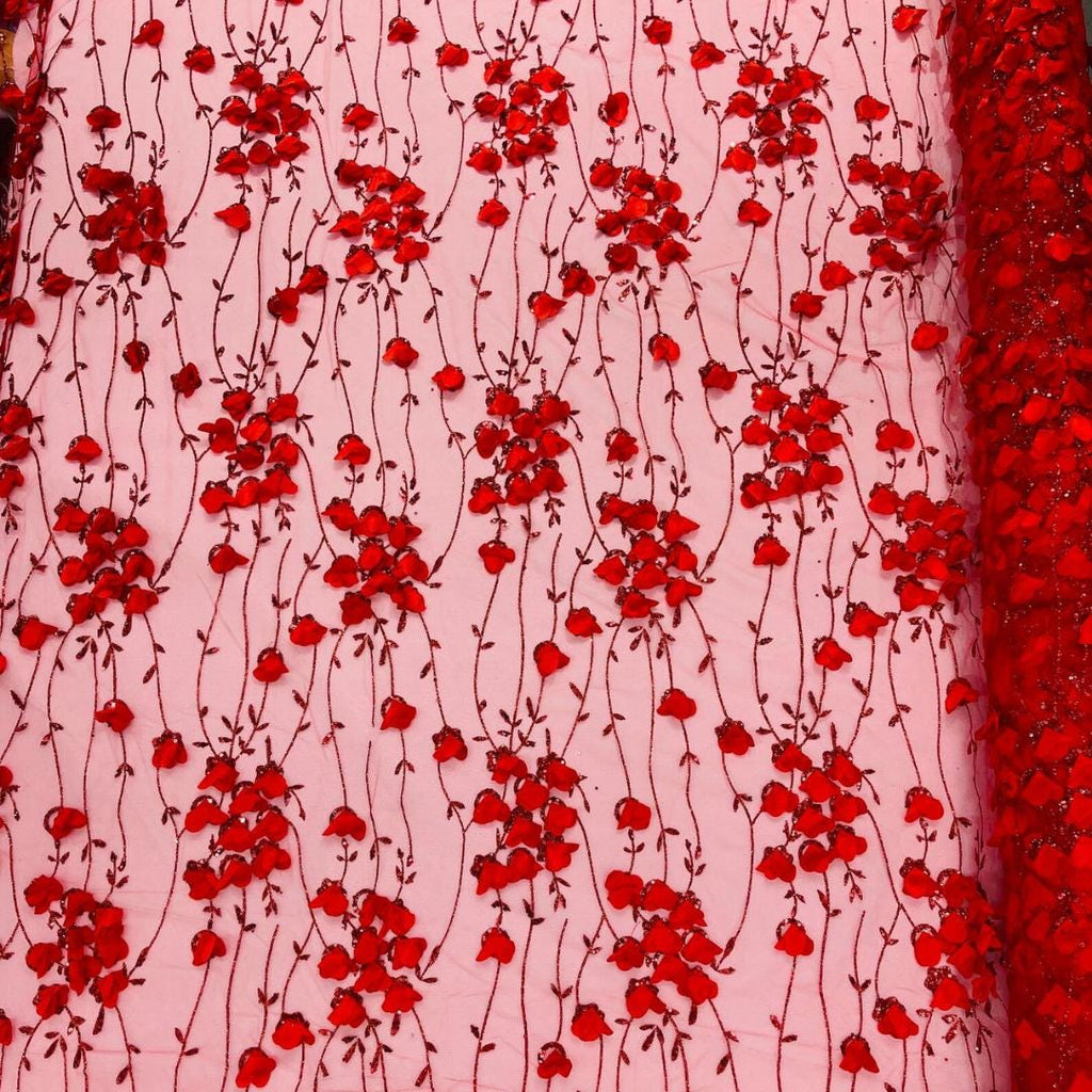 RED - 3D Floral Satin Lace -  3D Floral Embroidered Mesh Lace with Glitter| Fabric For Quinsiañera Dresses - Prom Dress Sold By Yard