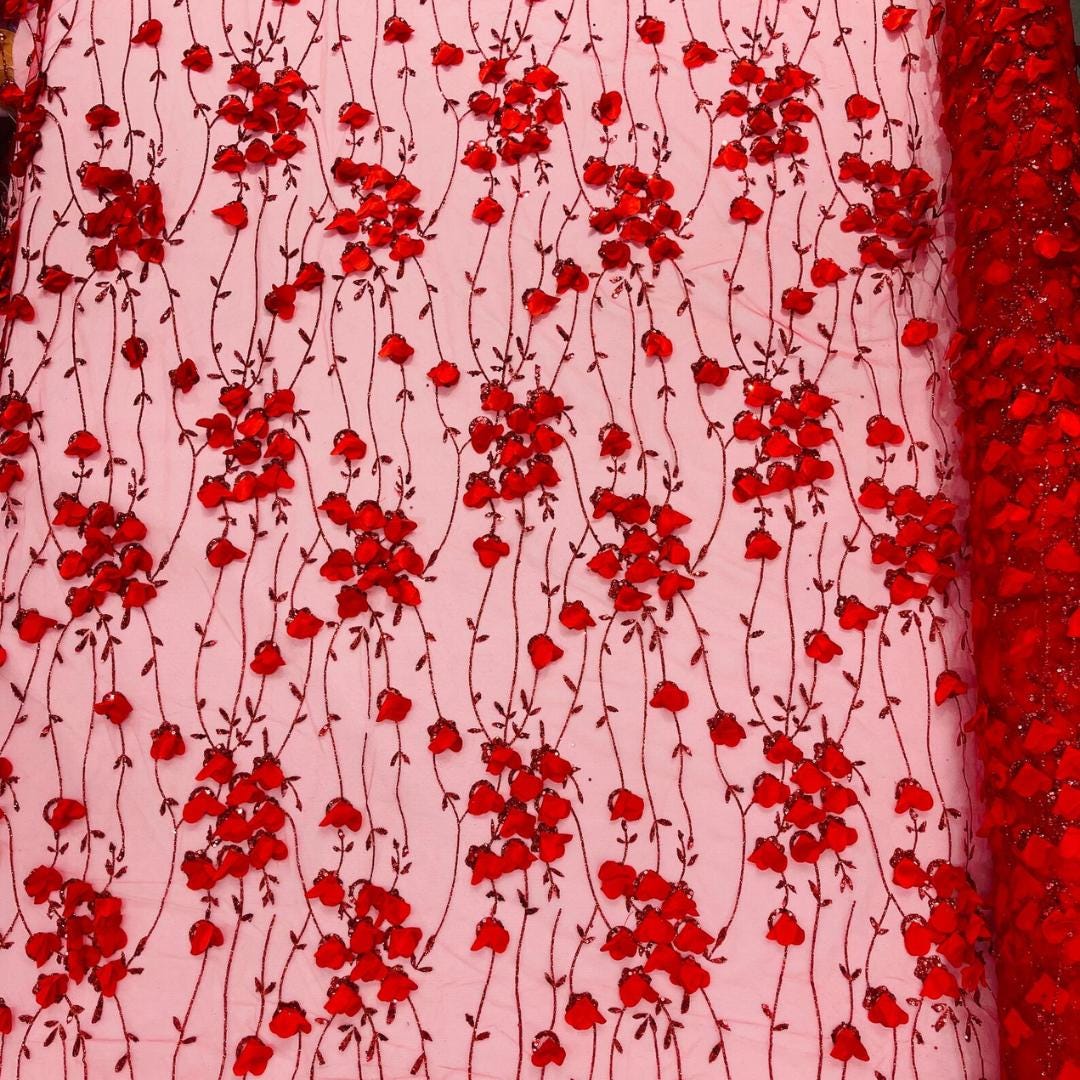 RED - 3D Floral Satin Lace -  3D Floral Embroidered Mesh Lace with Glitter| Fabric For Quinsiañera Dresses - Prom Dress Sold By Yard