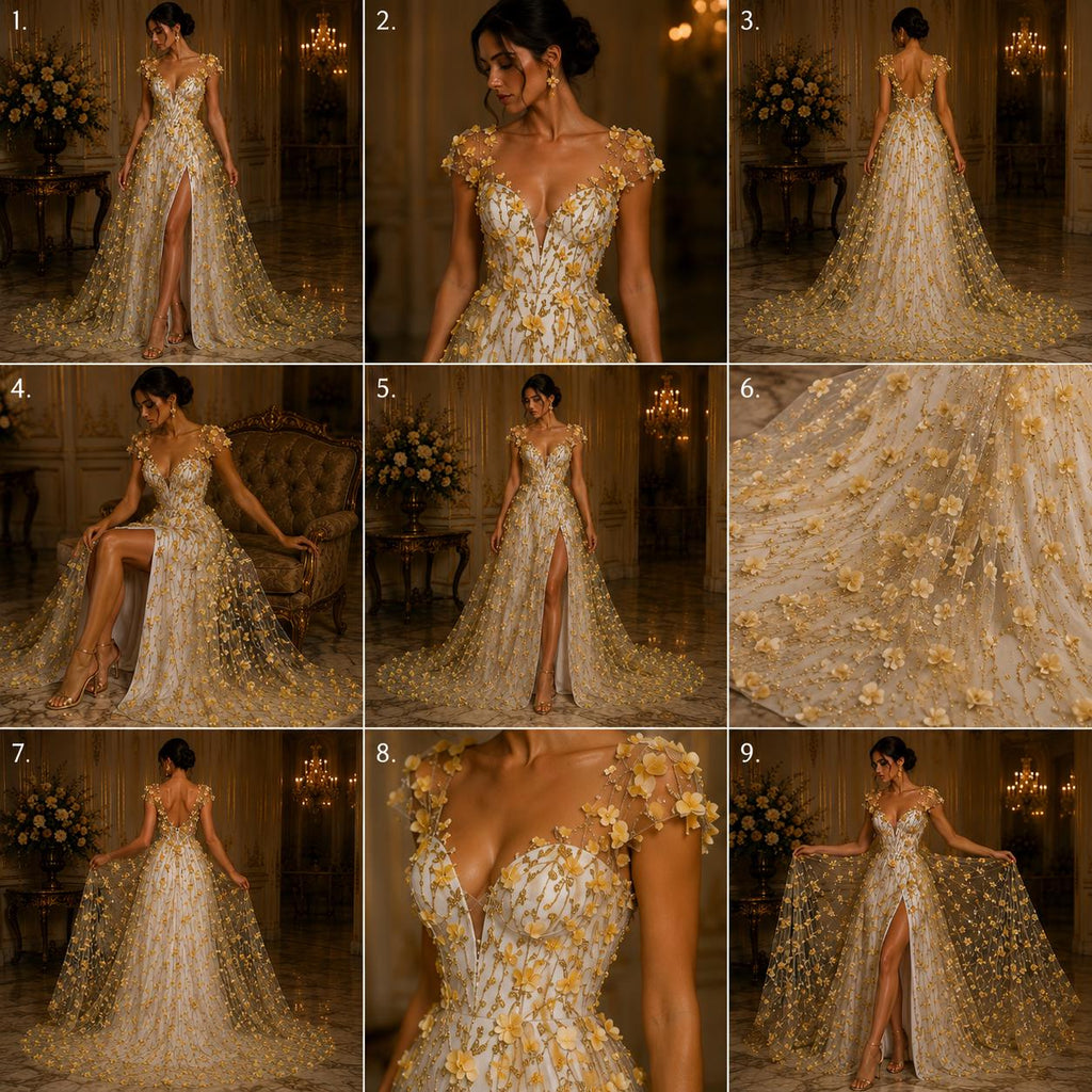 GOLD  - 3D Floral Satin Lace -  3D Floral Embroidered Mesh Lace with Glitter| Fabric For Quinsiañera Dresses - Prom Dress Sold By Yard