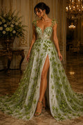 OLIVE  - 3D Floral Satin Lace -  3D Floral Embroidered Mesh Lace with Glitter| Fabric For Quinsiañera Dresses - Prom Dress Sold By Yard