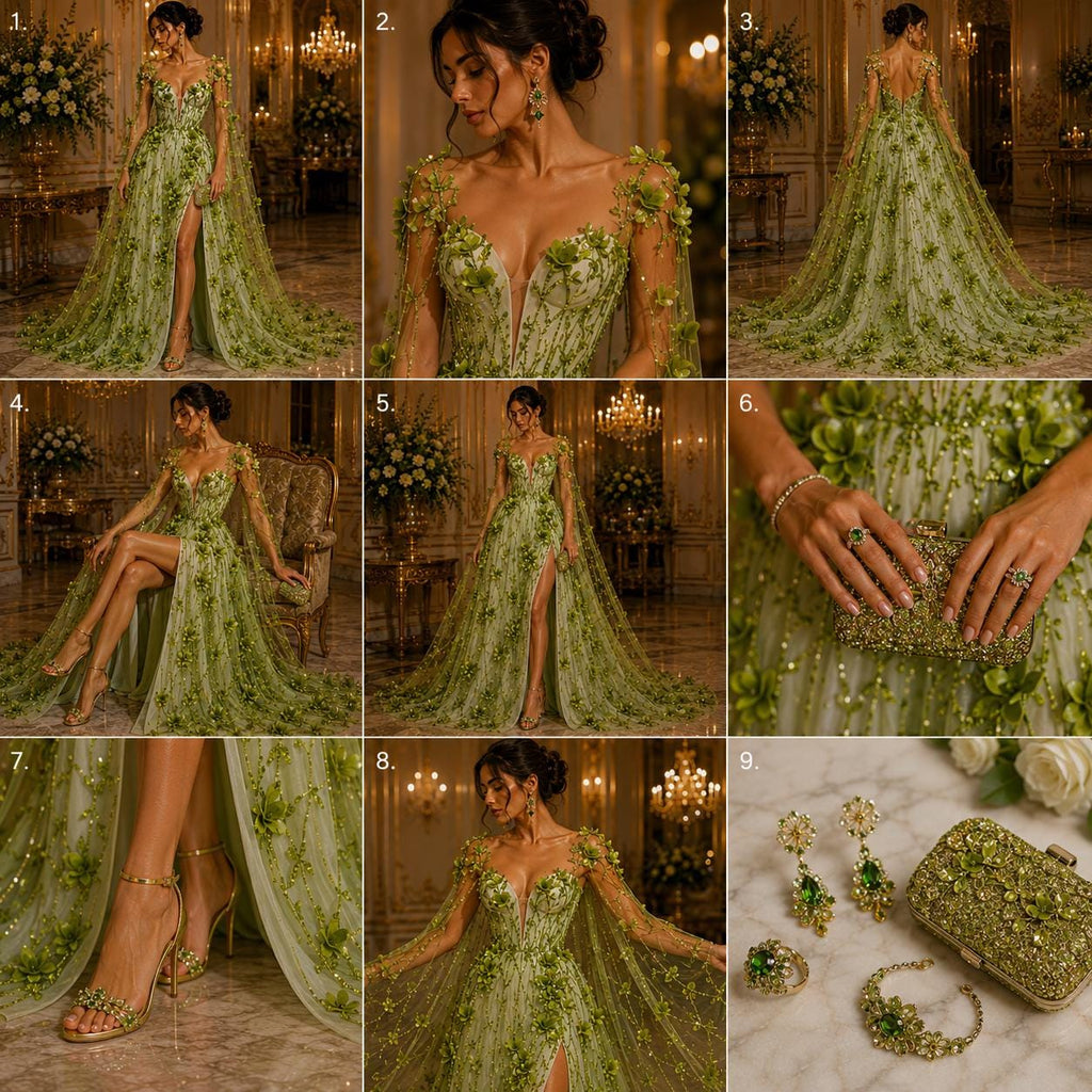 OLIVE  - 3D Floral Satin Lace -  3D Floral Embroidered Mesh Lace with Glitter| Fabric For Quinsiañera Dresses - Prom Dress Sold By Yard