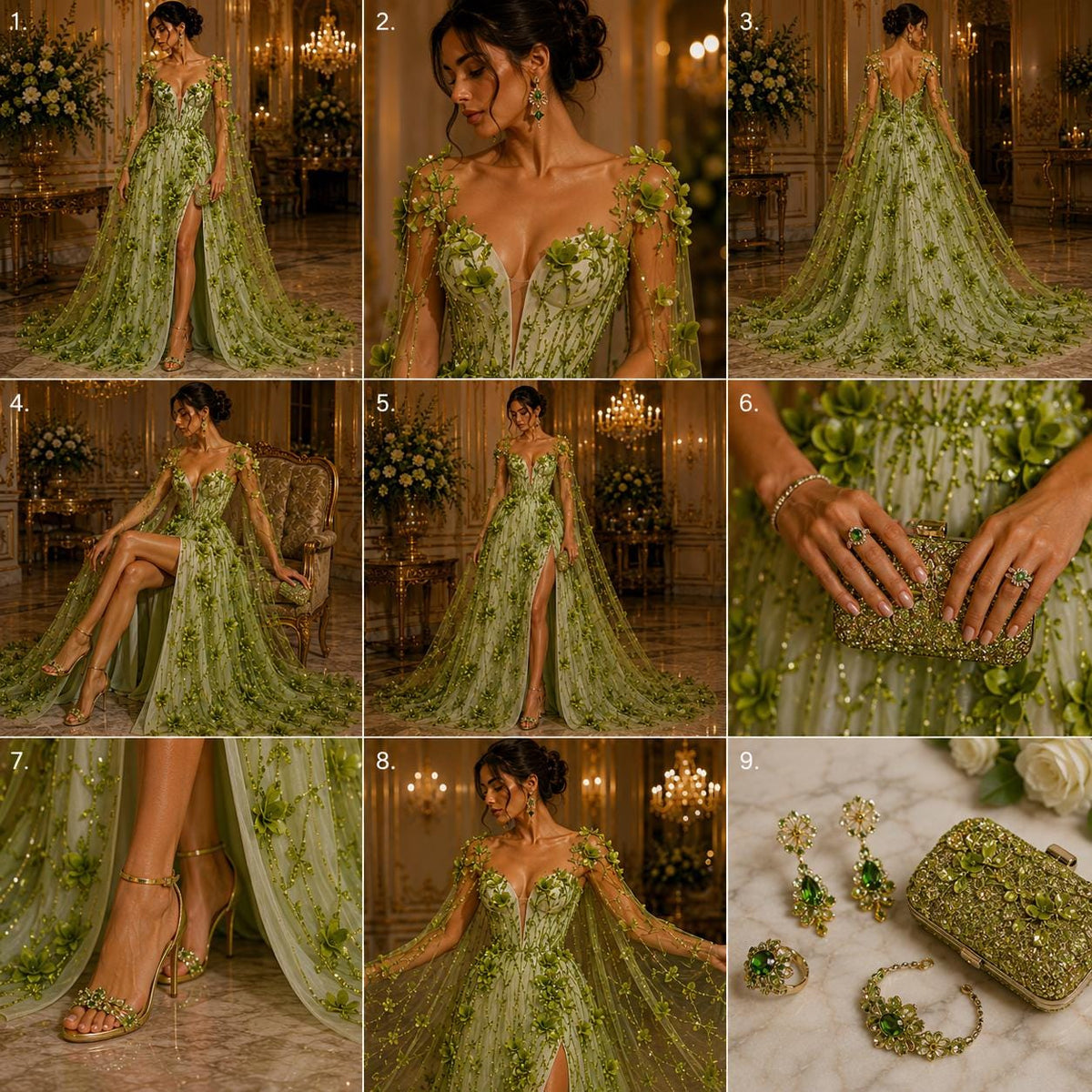 OLIVE  - 3D Floral Satin Lace -  3D Floral Embroidered Mesh Lace with Glitter| Fabric For Quinsiañera Dresses - Prom Dress Sold By Yard