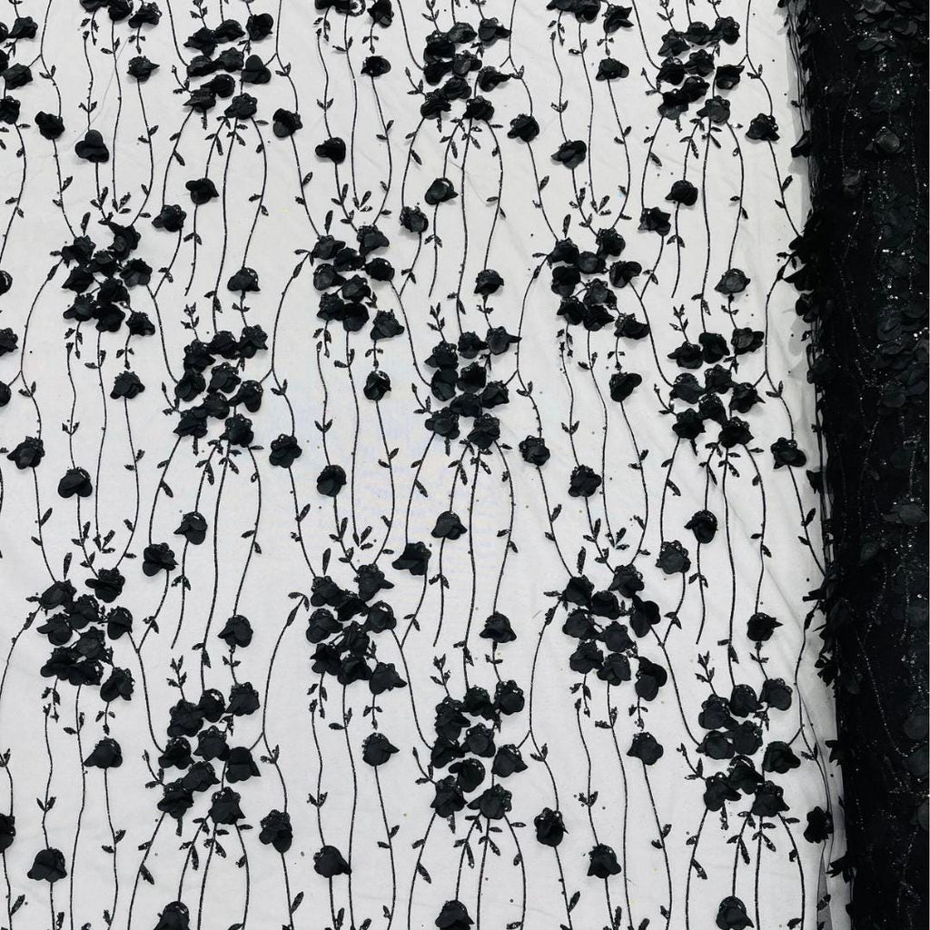 BLACK  - 3D Floral Satin Lace -  3D Floral Embroidered Mesh Lace with Glitter| Fabric For Quinsiañera Dresses - Prom Dress Sold By Yard