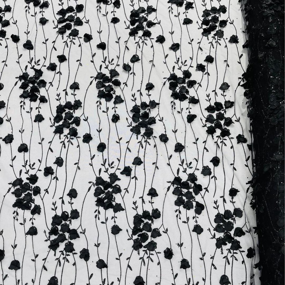 BLACK  - 3D Floral Satin Lace -  3D Floral Embroidered Mesh Lace with Glitter| Fabric For Quinsiañera Dresses - Prom Dress Sold By Yard