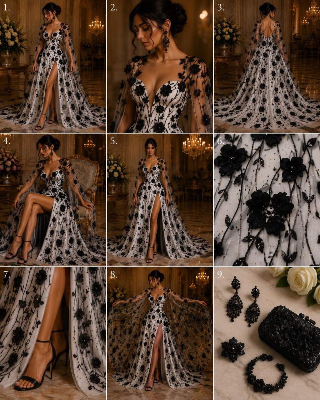 BLACK  - 3D Floral Satin Lace -  3D Floral Embroidered Mesh Lace with Glitter| Fabric For Quinsiañera Dresses - Prom Dress Sold By Yard