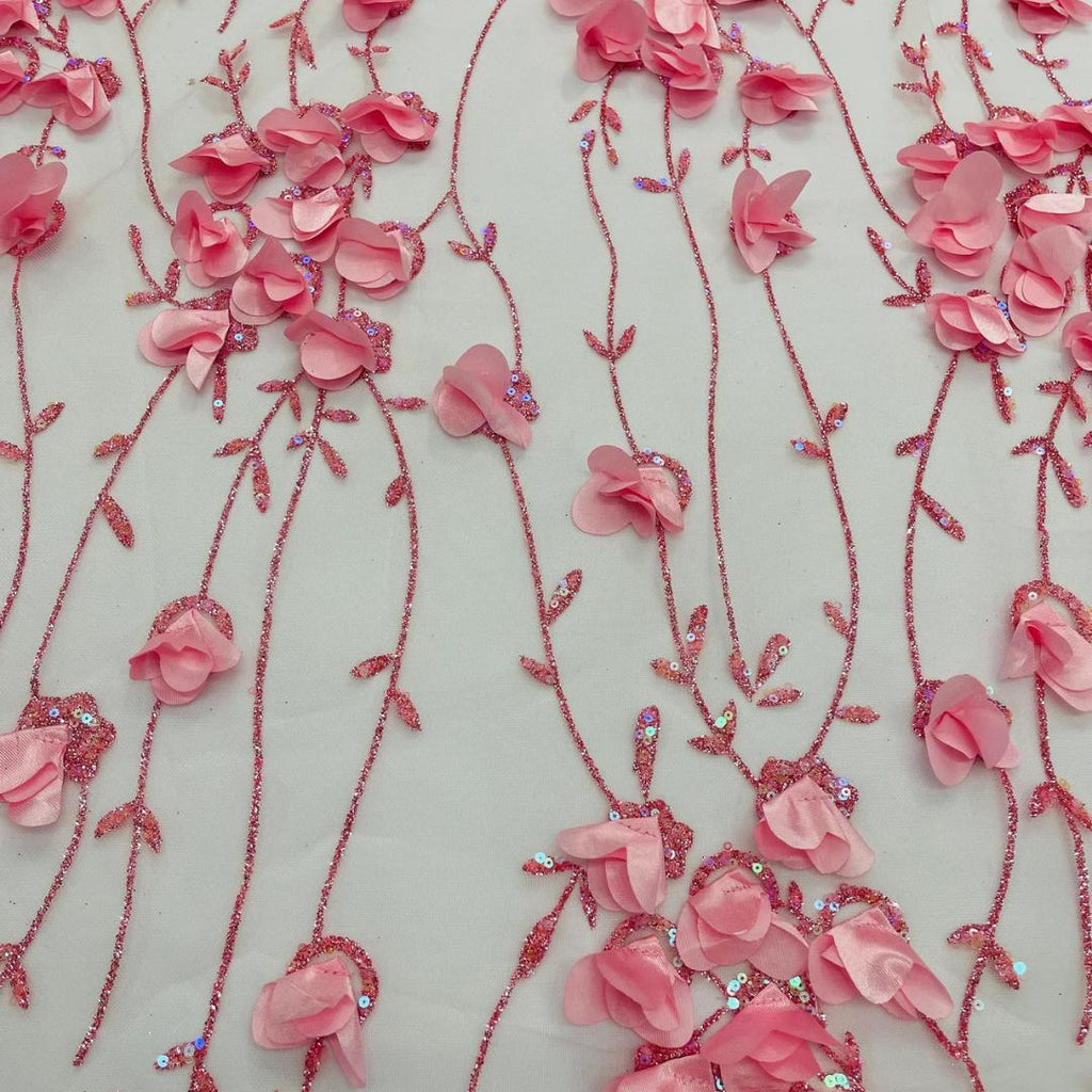 PINK  - 3D Floral Satin Lace -  3D Floral Embroidered Mesh Lace with Glitter| Fabric For Quinsiañera Dresses - Prom Dress Sold By Yard