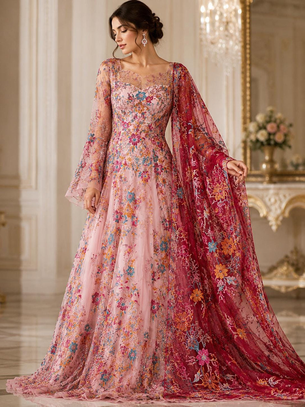 Multi Color - BURGUNDY -  Roses Glitter Design On A Mesh Lace For Quinsiañera Dresses - Prom Dress Sold By Yard