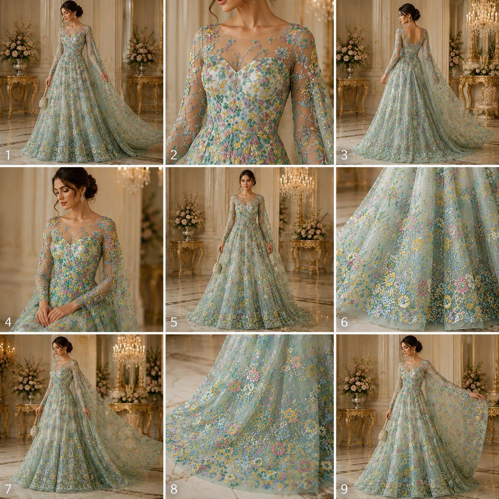 Multi Color - SAGE -  Roses Glitter Design On A Mesh Lace For Quinsiañera Dresses - Prom Dress Sold By Yard