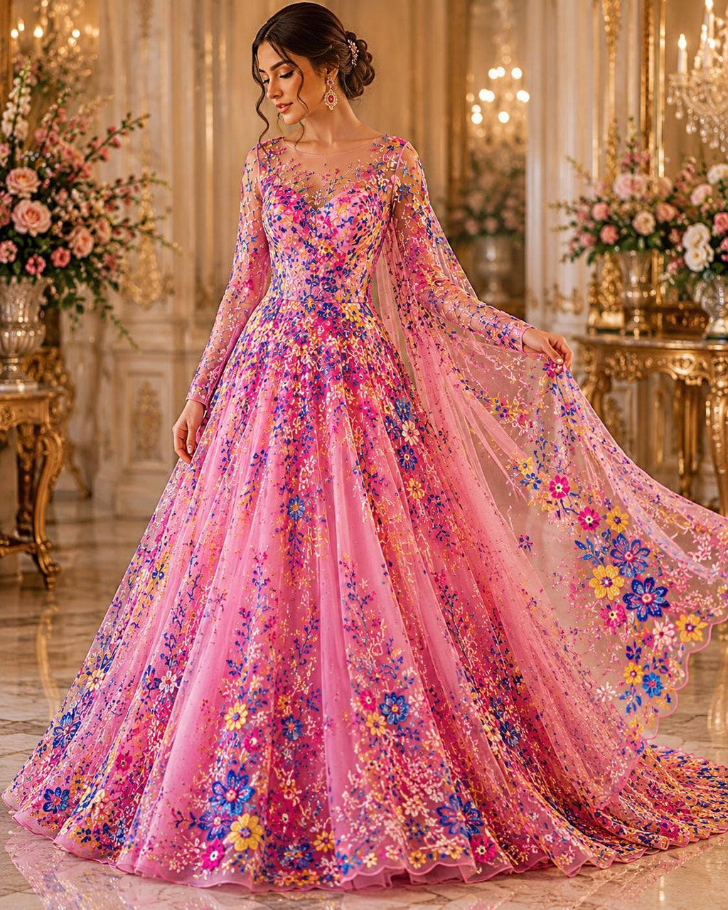 Multi Color - FUCHSIA -  Roses Glitter Design On A Mesh Lace For Quinsiañera Dresses - Prom Dress Sold By Yard
