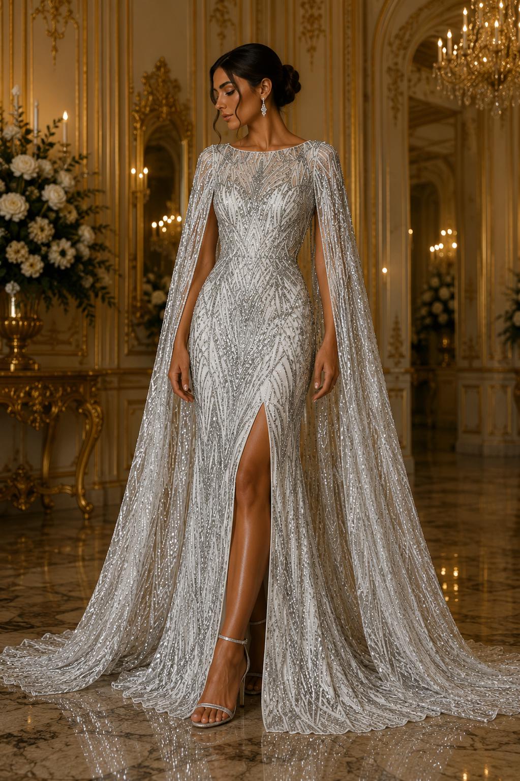 Silver - Glossy Design Luxury Shiny Sequin - 4 Way Stretch Mesh Fabric – Prom & Evening Dress Material By The Yard.