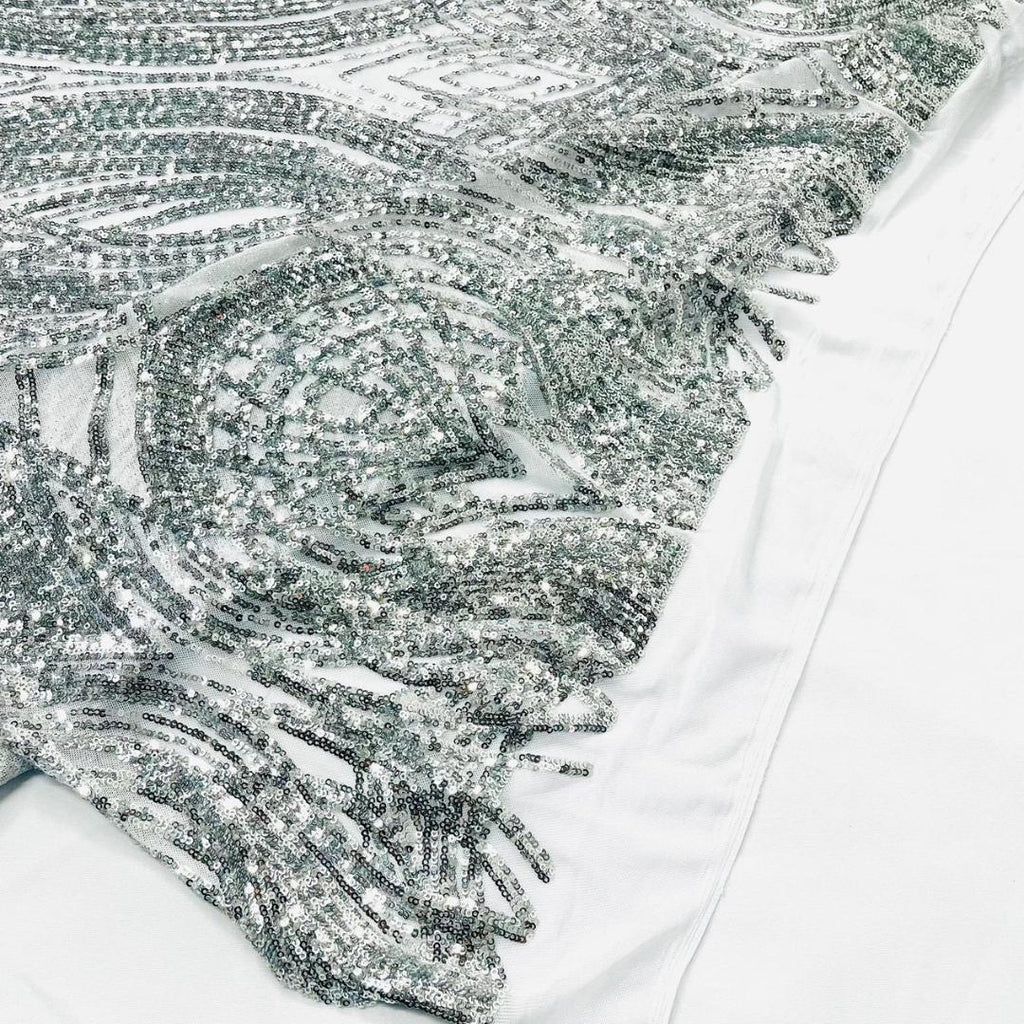 Silver - Glossy Design Luxury Shiny Sequin - 4 Way Stretch Mesh Fabric – Prom & Evening Dress Material By The Yard.