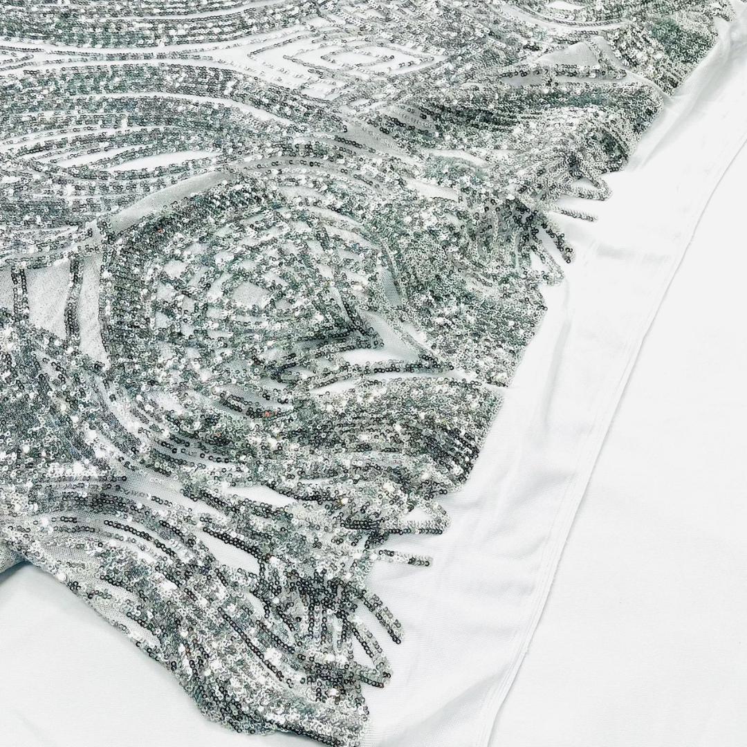 Silver - Glossy Design Luxury Shiny Sequin - 4 Way Stretch Mesh Fabric – Prom & Evening Dress Material By The Yard.