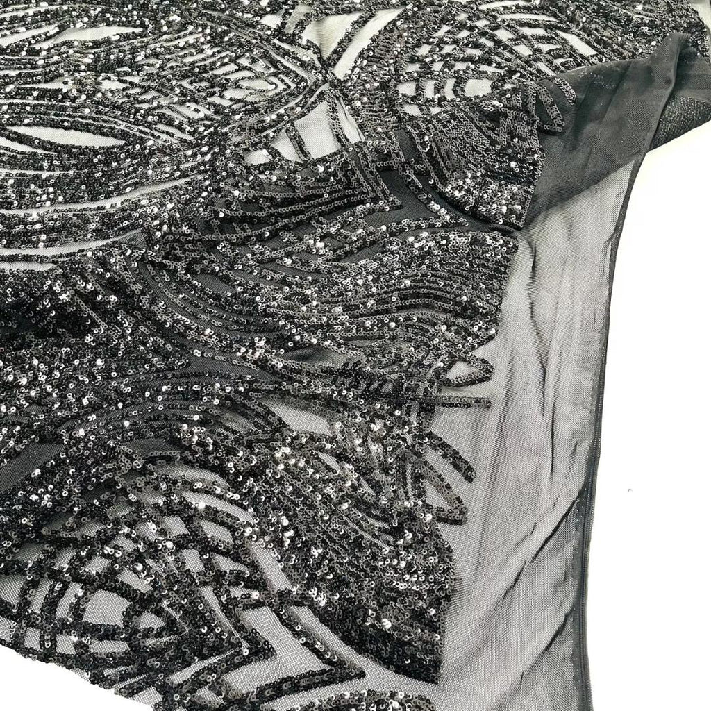 Black - Glossy Design Luxury Shiny Sequin - 4 Way Stretch Mesh Fabric – Prom & Evening Dress Material By The Yard.