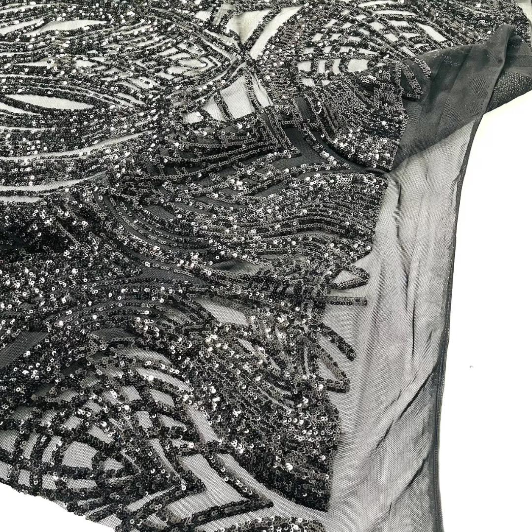 Black - Glossy Design Luxury Shiny Sequin - 4 Way Stretch Mesh Fabric – Prom & Evening Dress Material By The Yard.
