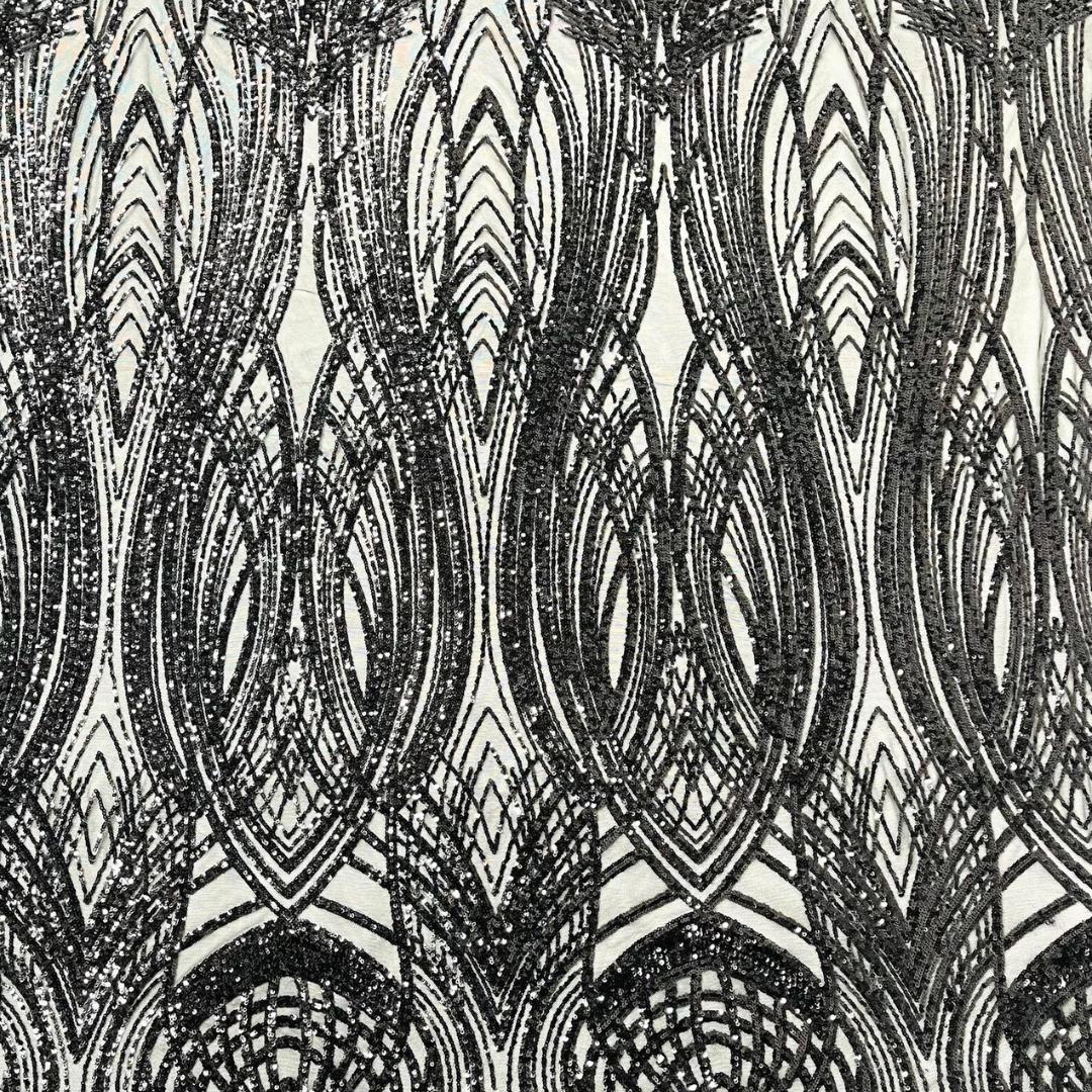 Black - Glossy Design Luxury Shiny Sequin - 4 Way Stretch Mesh Fabric – Prom & Evening Dress Material By The Yard.