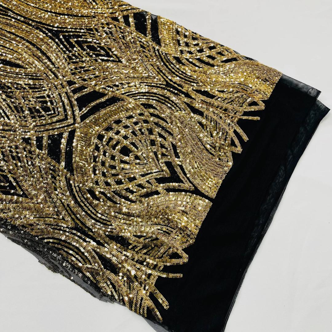 Gold/Black - Glossy Design Luxury Shiny Sequin - 4 Way Stretch Mesh Fabric – Prom & Evening Dress Material By The Yard.