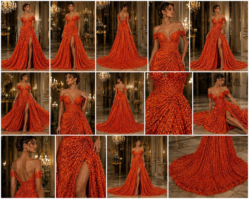 BURNT ORANGE - Sequin Velvet - Sequin Design Stretch Velvet All Over 5mm Shining Sequins 2 Way Stretch, Sold By The yard.