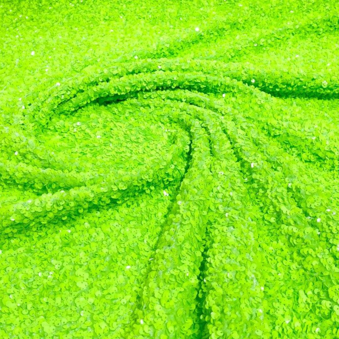 LIME GREEN - Sequin Velvet - Sequin Design Stretch Velvet All Over 5mm Shining Sequins 2 Way Stretch, Sold By The yard.