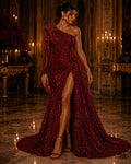 DK RED - Sequin Velvet - Sequin Design Stretch Velvet All Over 5mm Shining Sequins 2 Way Stretch, Sold By The yard.