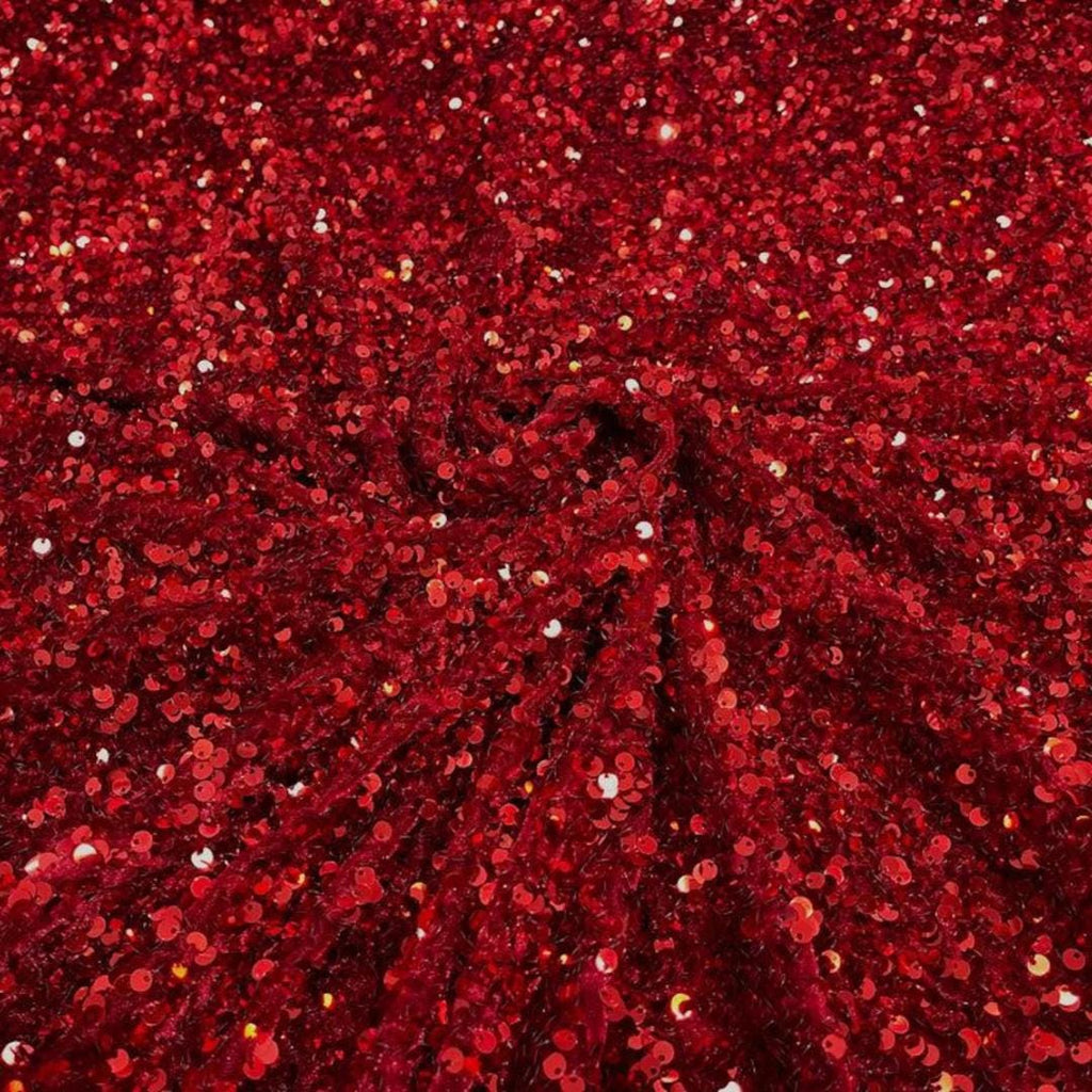 DK RED - Sequin Velvet - Sequin Design Stretch Velvet All Over 5mm Shining Sequins 2 Way Stretch, Sold By The yard.
