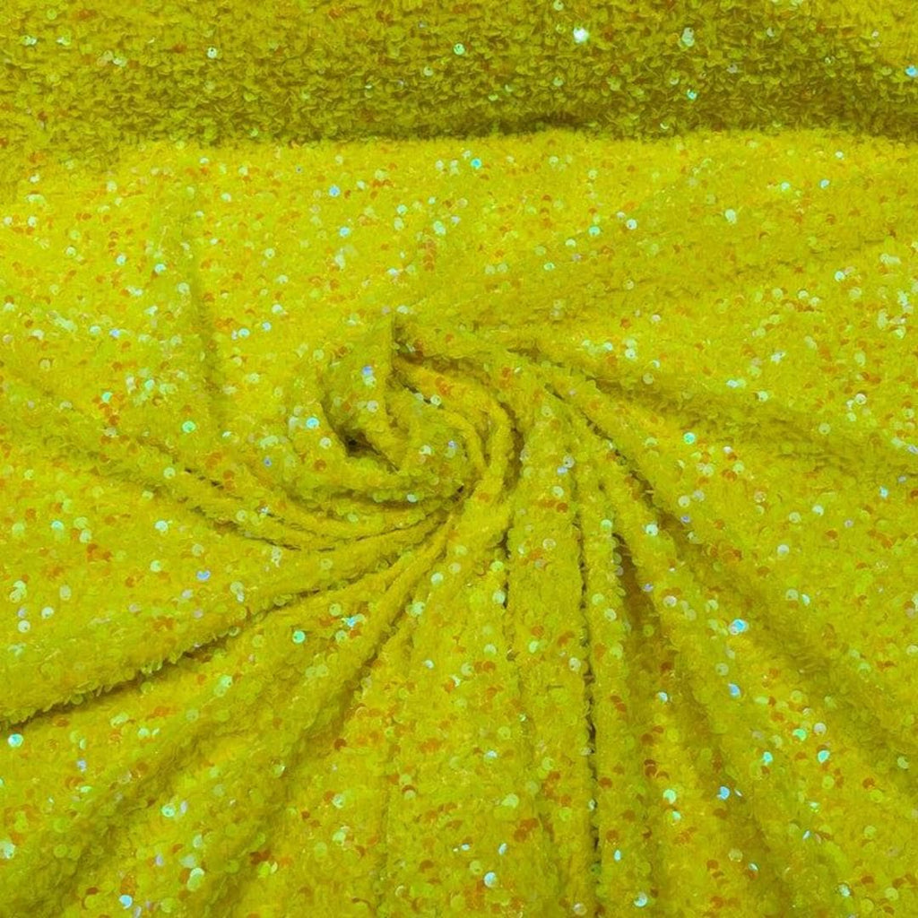 YELLOW - Iridescent Sequin Velvet - Sequin Design Stretch Velvet All Over 5mm Shining Sequins 2 Way Stretch, Sold By The yard.