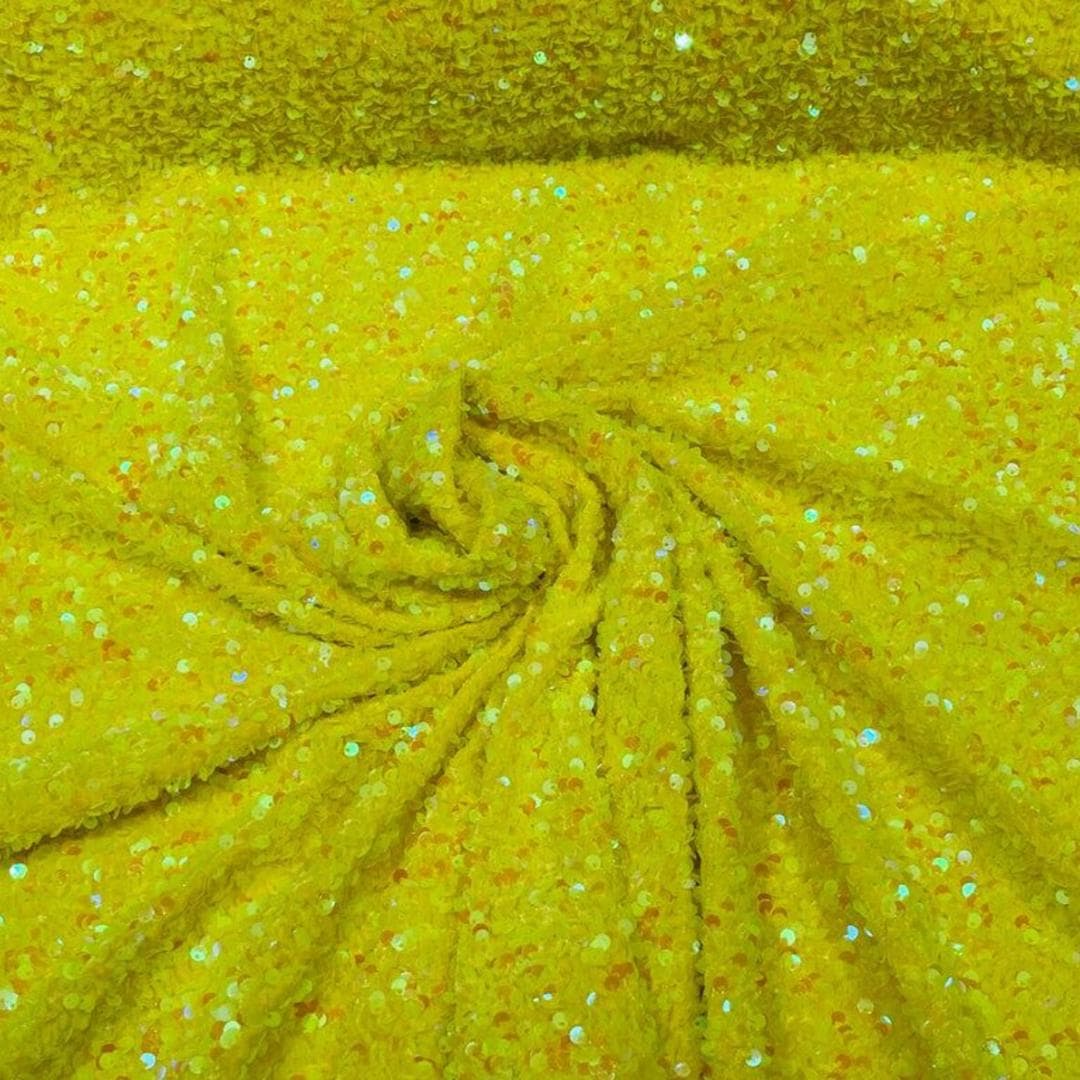 YELLOW - Iridescent Sequin Velvet - Sequin Design Stretch Velvet All Over 5mm Shining Sequins 2 Way Stretch, Sold By The yard.