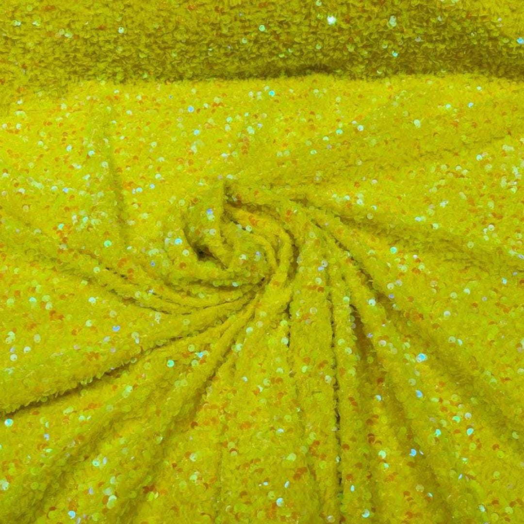 YELLOW - Iridescent Sequin Velvet - Sequin Design Stretch Velvet All Over 5mm Shining Sequins 2 Way Stretch, Sold By The yard.