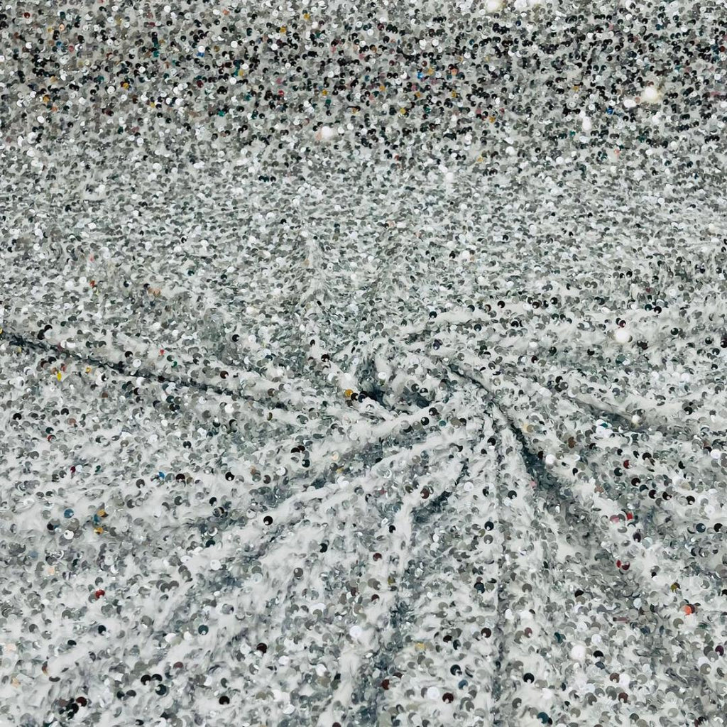 SILVER/WHITE - Sequin Velvet - Sequin Design Stretch Velvet All Over 5mm Shining Sequins 2 Way Stretch, Sold By The yard.