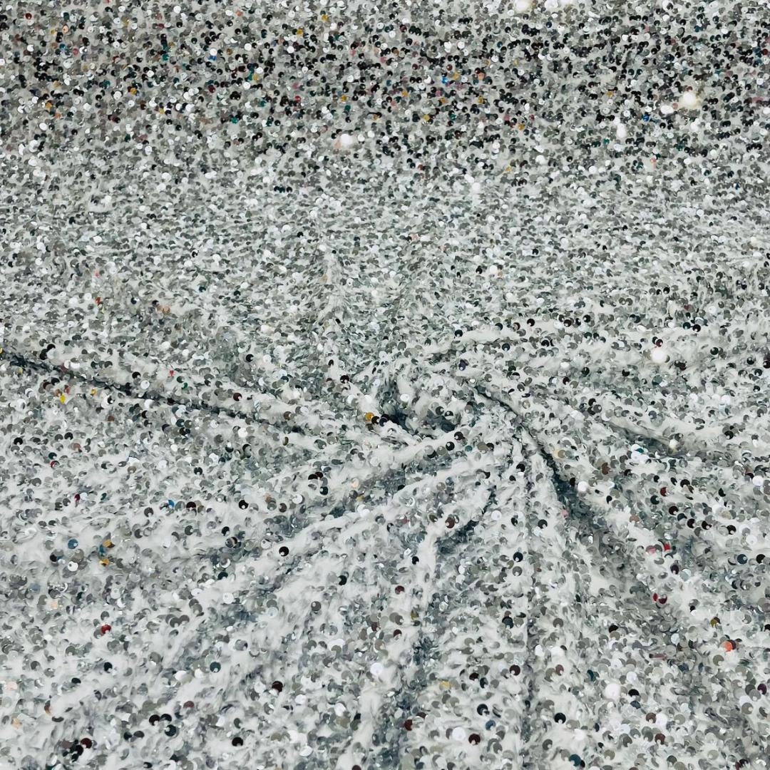 SILVER/WHITE - Sequin Velvet - Sequin Design Stretch Velvet All Over 5mm Shining Sequins 2 Way Stretch, Sold By The yard.
