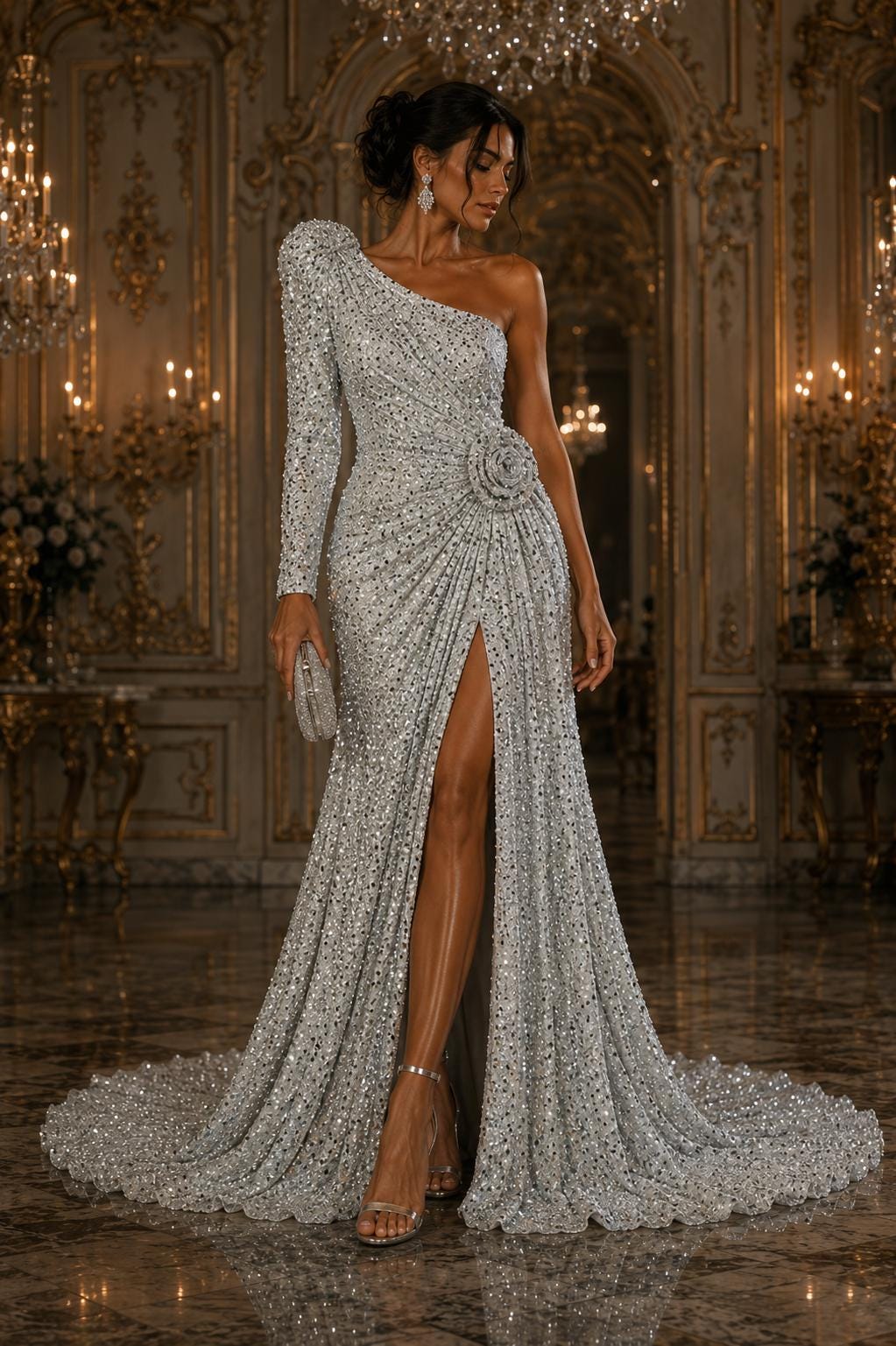 SILVER/WHITE - Sequin Velvet - Sequin Design Stretch Velvet All Over 5mm Shining Sequins 2 Way Stretch, Sold By The yard.