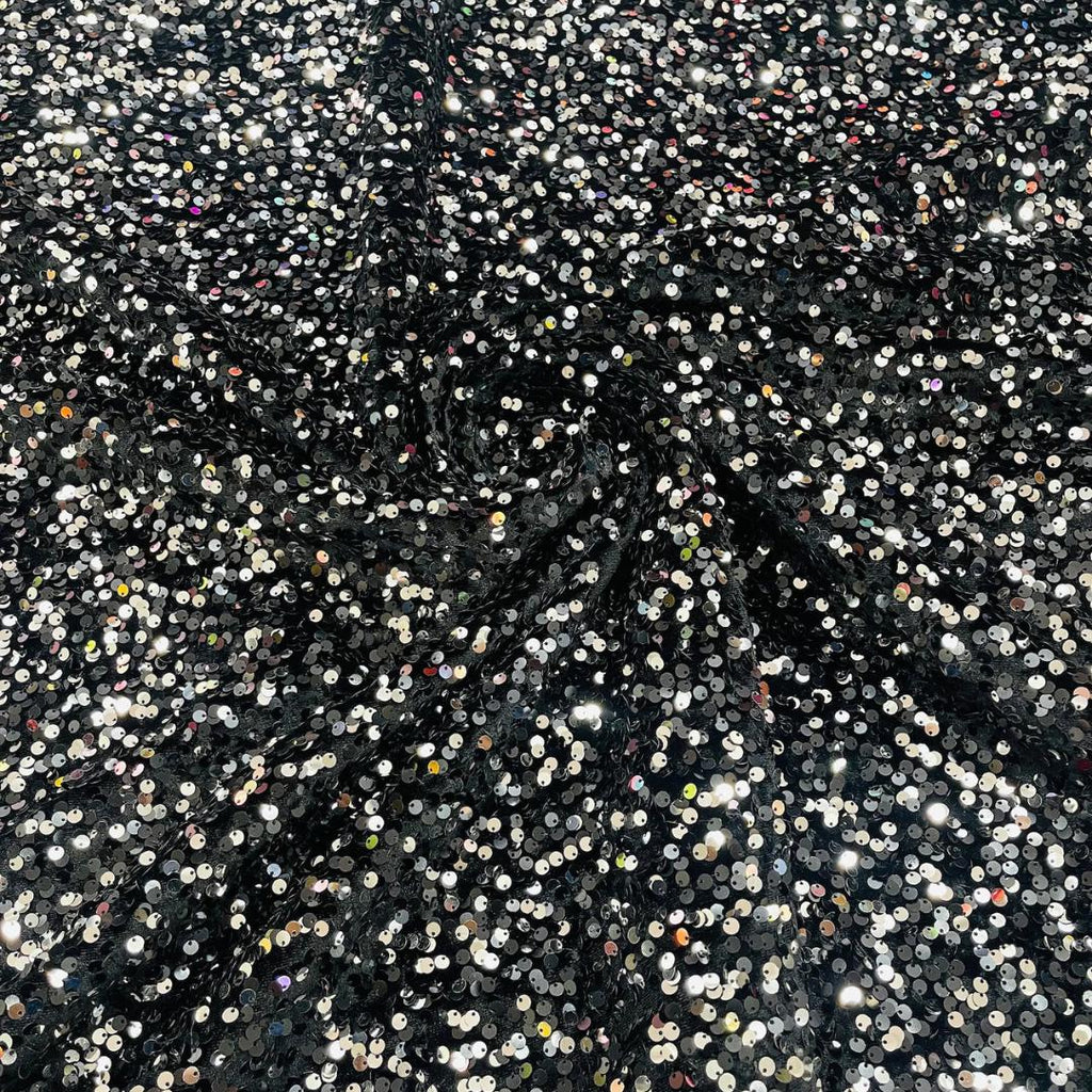 SILVER/BLACK - Sequin Velvet - Sequin Design Stretch Velvet All Over 5mm Shining Sequins 2 Way Stretch, Sold By The yard.
