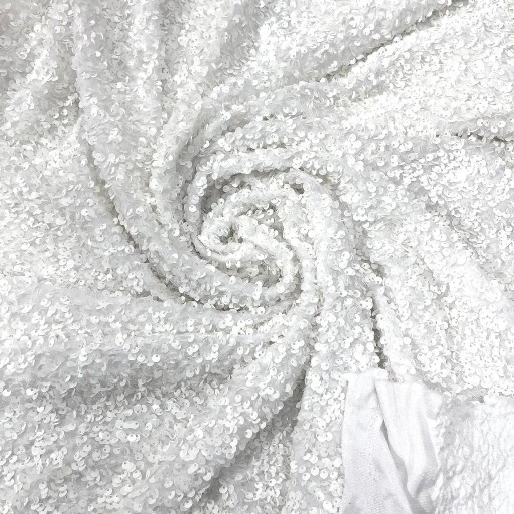 WHITE - Sequin Velvet - Sequin Design Stretch Velvet All Over 5mm Shining Sequins 2 Way Stretch, Sold By The yard.
