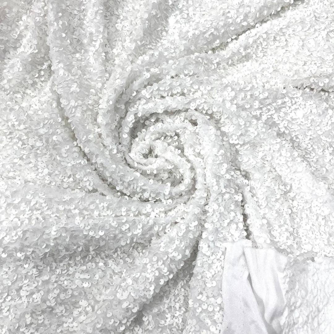 WHITE - Sequin Velvet - Sequin Design Stretch Velvet All Over 5mm Shining Sequins 2 Way Stretch, Sold By The yard.