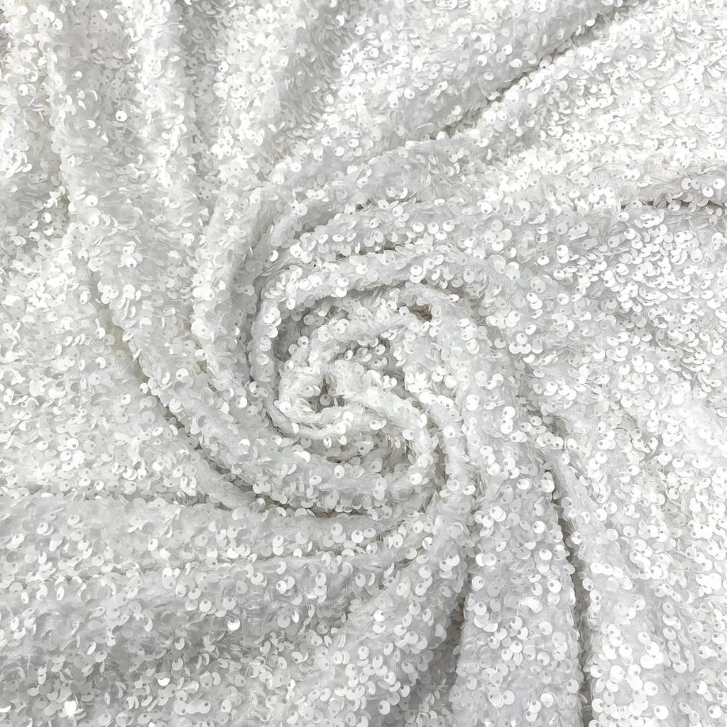 WHITE - Sequin Velvet - Sequin Design Stretch Velvet All Over 5mm Shining Sequins 2 Way Stretch, Sold By The yard.