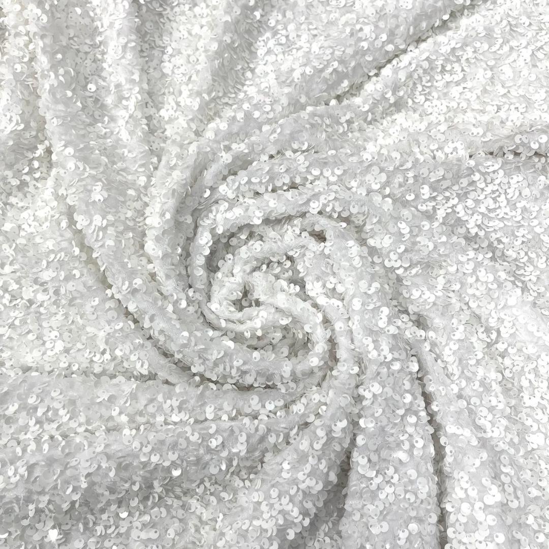 WHITE - Sequin Velvet - Sequin Design Stretch Velvet All Over 5mm Shining Sequins 2 Way Stretch, Sold By The yard.