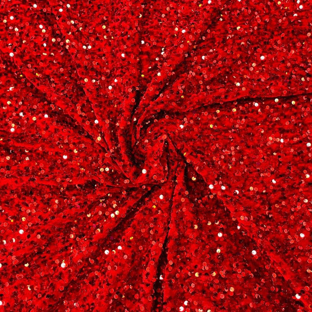 RED - Sequin Velvet - Sequin Design Stretch Velvet All Over 5mm Shining Sequins 2 Way Stretch, Sold By The yard.