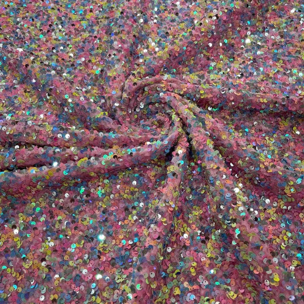 PINK - Sequin Velvet - Confetti Sequin Design Stretch Velvet All Over 5mm Shining Sequins 2 Way Stretch, Sold By The yard.