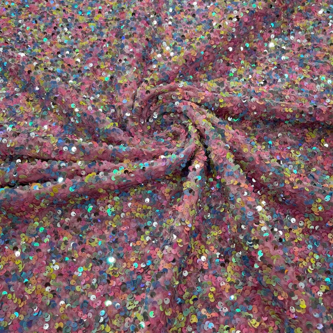 PINK - Sequin Velvet - Confetti Sequin Design Stretch Velvet All Over 5mm Shining Sequins 2 Way Stretch, Sold By The yard.