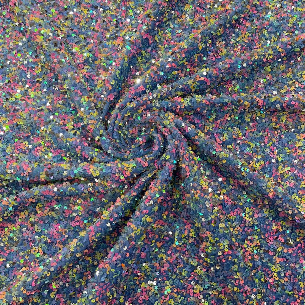LT BLUE - Sequin Velvet - Confetti Sequin Design Stretch Velvet All Over 5mm Shining Sequins 2 Way Stretch, Sold By The yard.