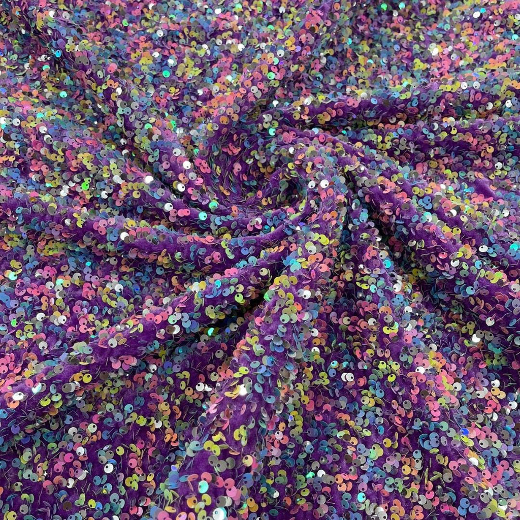 LILAC - Sequin Velvet - Confetti Sequin Design Stretch Velvet All Over 5mm Shining Sequins 2 Way Stretch, Sold By The yard.